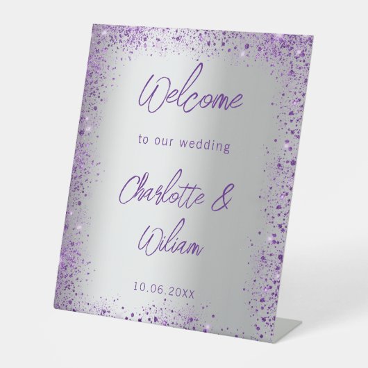 Hochzeitsempfang lila Glitzer Sockelschild (Vorderseite)