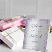 Hochzeitsempfang lila Glitzer Sockelschild