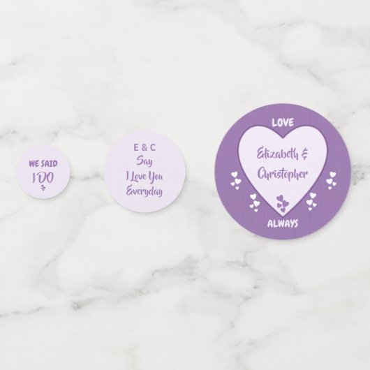 Hochzeitsempfang Lila und Lilac-Herztisch Konfetti (Vorderseiten)