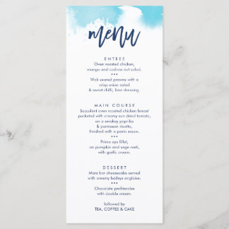 HOCHZEITSEMPFANG-MENÜ süßes aqua-blaues Aquarell Menükarte