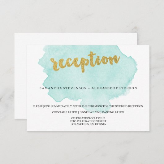 Hochzeitsempfang mit Aquamarinem Wasser und Gold Begleitkarte (Vorne/Hinten)