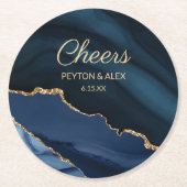Hochzeitsempfang mit blauem Gold-Marmor Runder Pappuntersetzer (Vorderseite)