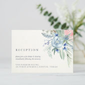Hochzeitsempfang mit blauem und rosa Peony Waterco Begleitkarte (Stehend Vorderseite)