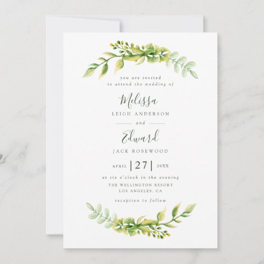 Hochzeitsempfang mit grünem Blattwerk Einladung (Vorderseite)