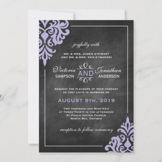 Hochzeitsempfang mit Kopfkarton und Lilac Damask Einladung (Vorderseite)