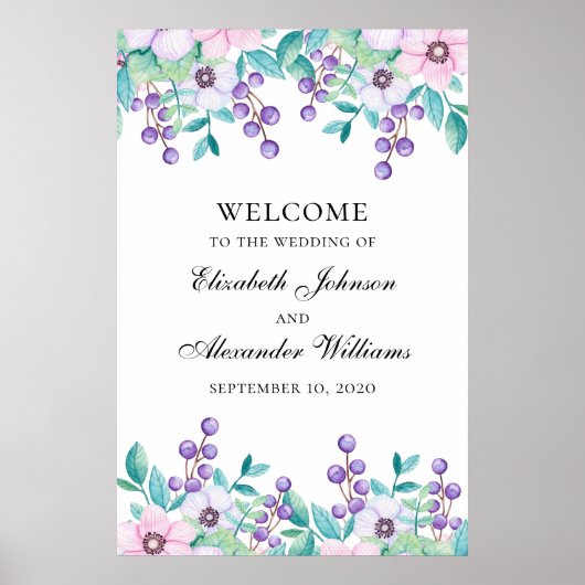 Hochzeitsempfang mit lila Blumenmotiv und Aquarell Poster (Vorne)