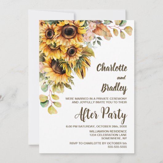Hochzeitsempfang mit rustikaler Sonnenblume Einladung (Vorderseite)