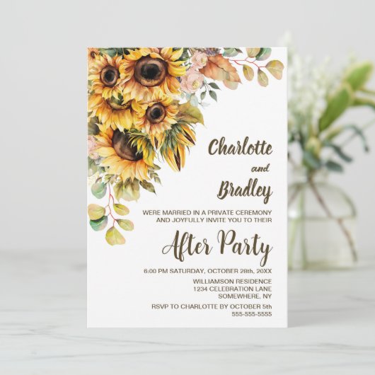 Hochzeitsempfang mit rustikaler Sonnenblume Einladung (Stehend Vorderseite)