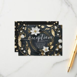 Hochzeitsempfang mit Schwarz-weißem Gold-Blumenkra Begleitkarte