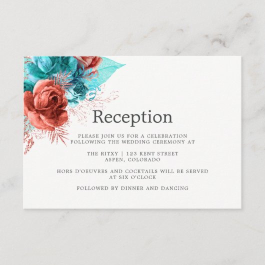 Hochzeitsempfang mit türkisfarbenem Korallenwasser Begleitkarte (Vorderseite)