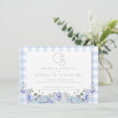 Hochzeitsempfang | Monogram Blue Gingham Begleitkarte (Stehend Vorderseite)