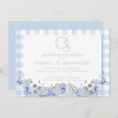 Hochzeitsempfang | Monogram Blue Gingham Begleitkarte (Vorne/Hinten)