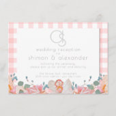Hochzeitsempfang | Monogram Coral Gingham Begleitkarte (Vorderseite)