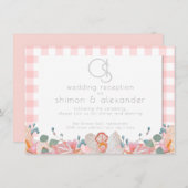 Hochzeitsempfang | Monogram Coral Gingham Begleitkarte (Vorne/Hinten)