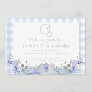 Hochzeitsempfang   Monogramm Blau Gingham Begleitkarte