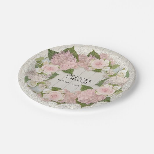 Hochzeitsempfang Pink Hydrangea Rose Spitzen in Ho Pappteller (Schrägansicht)