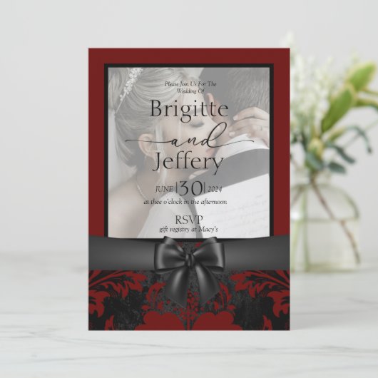 Hochzeitsempfang Rot-Schwarz-Foto Einladung (Stehend Vorderseite)