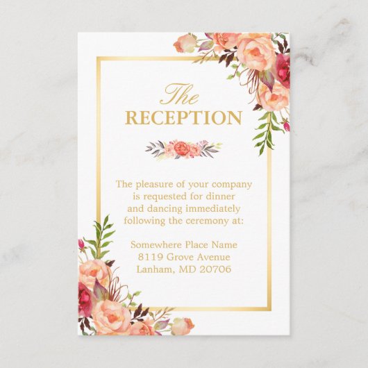 Hochzeitsempfang Rustikales Gold Orange Blumenchic Begleitkarte (Vorderseite)