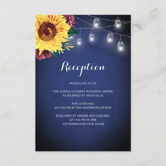 Hochzeitsempfang Sonnenblumen Navy Blumen Jar Ligh Begleitkarte (Vorderseite)