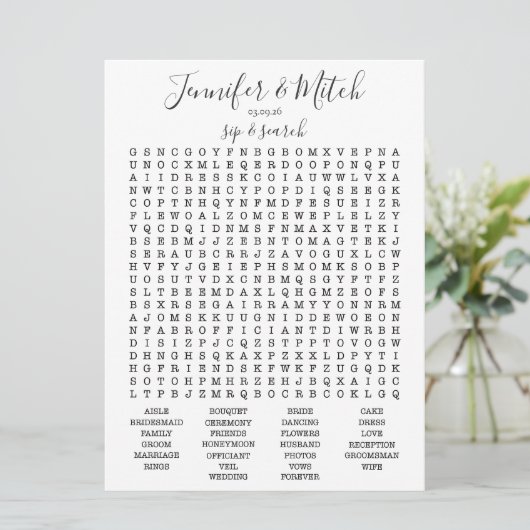 Hochzeitsempfang Word Search Game, Custom Game Einladung (Stehend Vorderseite)