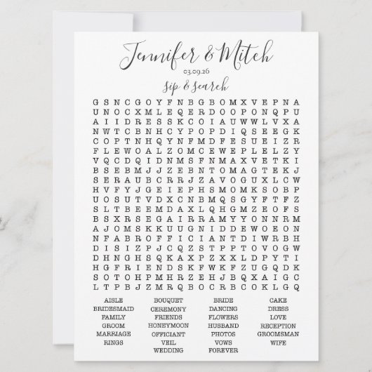 Hochzeitsempfang Word Search Game, Custom Game Einladung (Vorderseite)