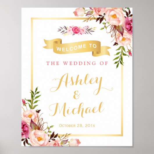 Hochzeitsempfang Zeichen Eleganter Chic Floral Gol Poster (Vorne)