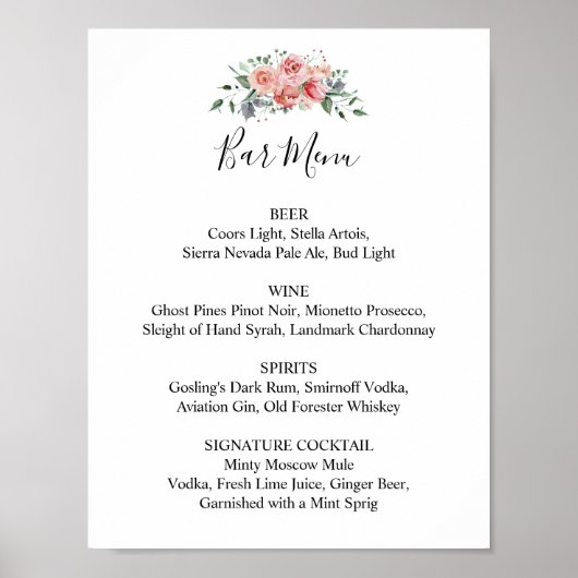 Hochzeitsempfangs-Bar-Menü Rosa Blumenskript Poster (Vorne)
