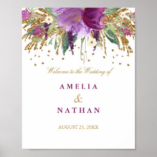 Hochzeitsempfangs-Schild Floral Glitter Amethyst Poster