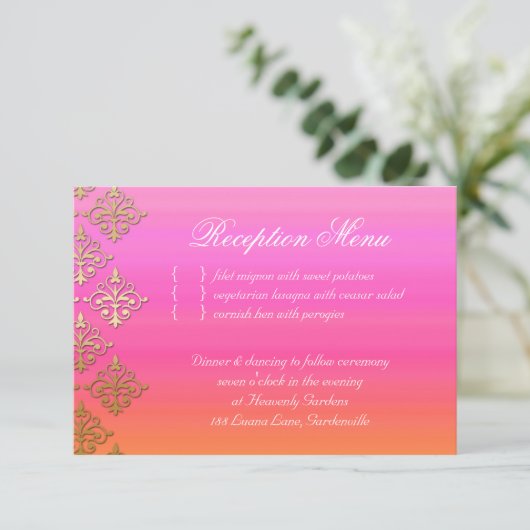 Hochzeitsempfangskarte Indischer Damaskus Rosa Ora RSVP Karte (Stehend Vorderseite)