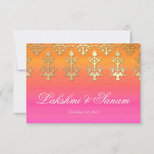 Hochzeitsempfangskarte Indischer Damaskus Rosa Ora RSVP Karte (Rückseite)