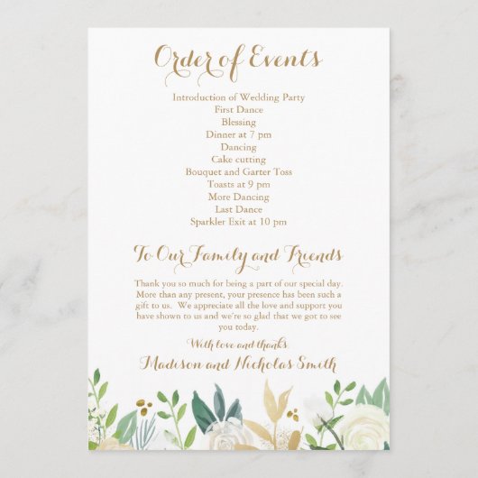 Hochzeitsempfangsprogramme für Gold und Weiße Blum Programm (Rückseite)