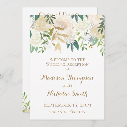 Hochzeitsempfangsprogramme für Gold und Weiße Blum Programm (Vorne/Hinten)