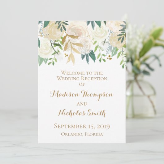 Hochzeitsempfangsprogramme für Gold und Weiße Blum Programm (Stehend Vorderseite)