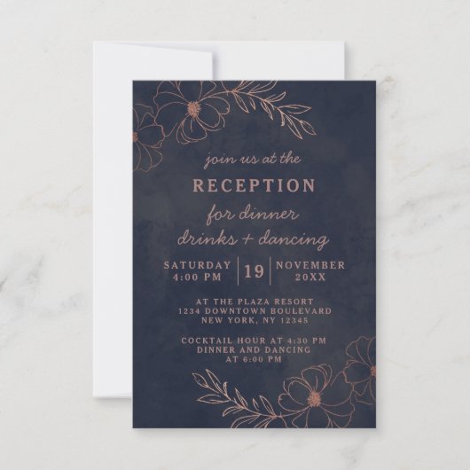 Hochzeitsempfehlung für Navy Blue & Rose Gold Foil Einladung (Vorderseite)