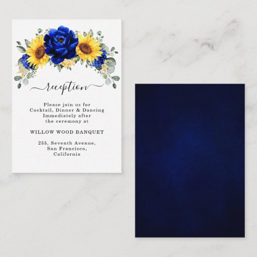 Hochzeitsempfehlung für Royal Blue Rustic Sunflowe Begleitkarte (Vorne/Hinten)