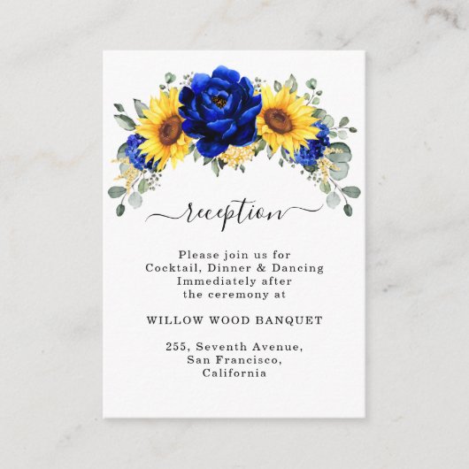 Hochzeitsempfehlung für Royal Blue Rustic Sunflowe Begleitkarte (Vorderseite)
