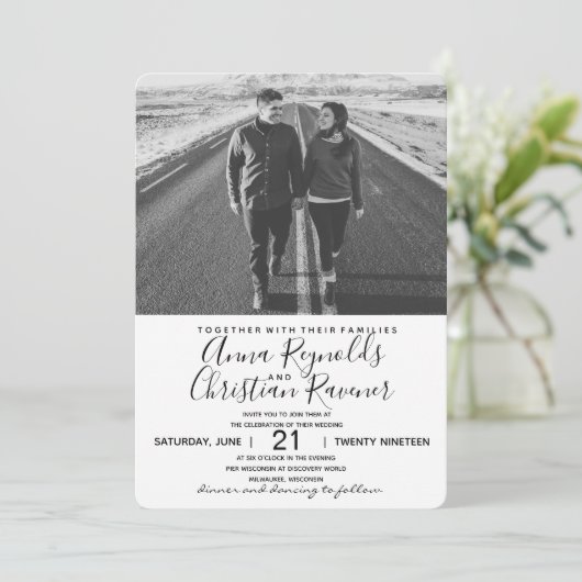 Hochzeitsempfehlung Schwarz und Weiß Einladung (Stehend Vorderseite)