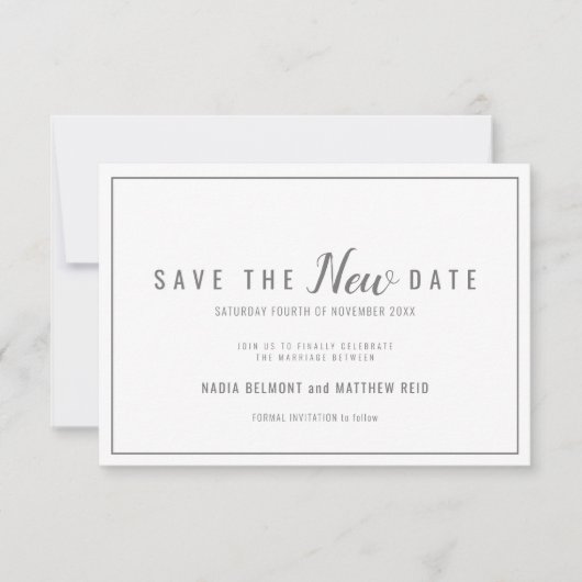 Hochzeitsereignisänderung rette das neue Datum gra Save The Date (Vorderseite)