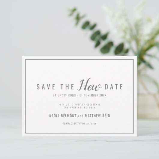 Hochzeitsereignisänderung rette das neue Datum gra Save The Date (Stehend Vorderseite)