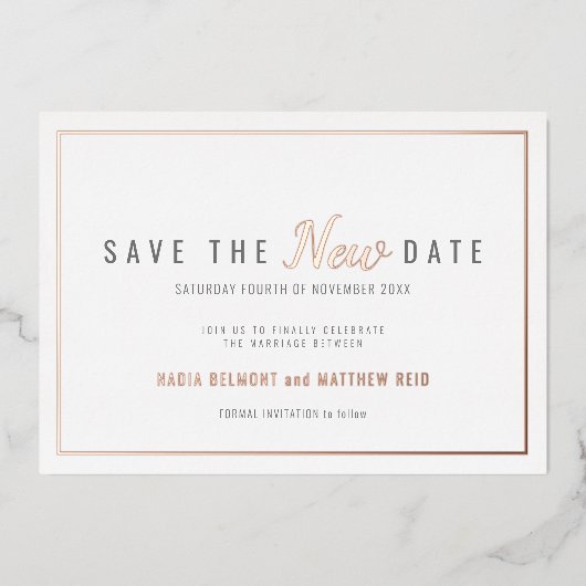 Hochzeitsereigniswechsel rette das neue Datum Rose Folieneinladung (Vorderseite)