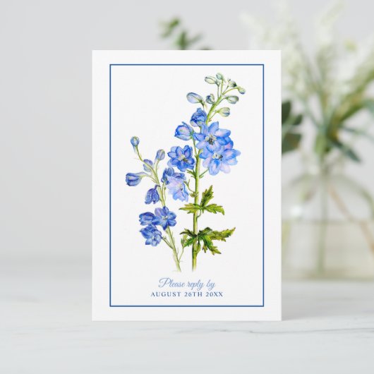 Hochzeitserwiderrufung Blau-Delphinium-Blume Begleitkarte (Stehend Vorderseite)
