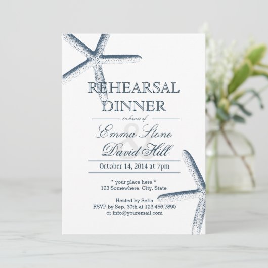 Hochzeitsessen am Strand Starfish Probe Einladung (Stehend Vorderseite)