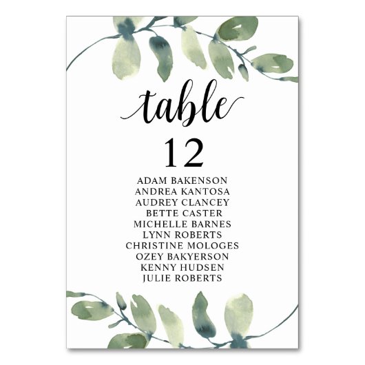 Hochzeitsessen, Eukalyptus Gäste Sitzkarte Tischnummer (Vorderseite)