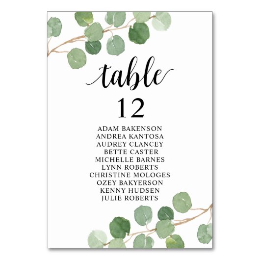 Hochzeitsessen, Eukalyptus Gäste Sitzkarte Tischnummer (Rückseite)