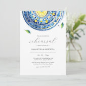 Hochzeitsessen in Blau und Gelb Lemon Probe Einladung (Stehend Vorderseite)