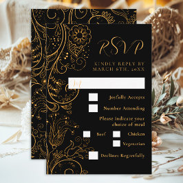 Hochzeitsessen in Gold und Schwarz RSVP Karte