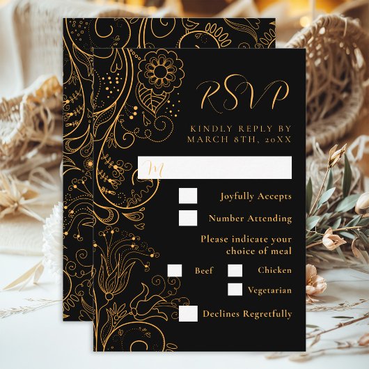 Hochzeitsessen in Gold und Schwarz RSVP Karte