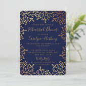 Hochzeitsessen in Navy & Gold Foil Floral Probe Einladung (Stehend Vorderseite)