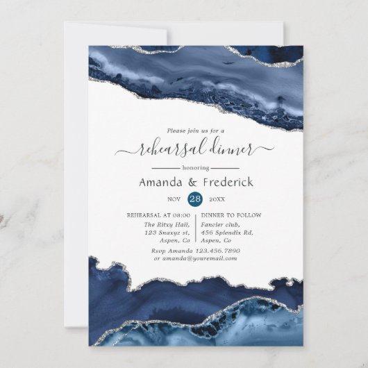 Hochzeitsessen in Navy und Silver Agate Probe Einladung (Vorderseite)