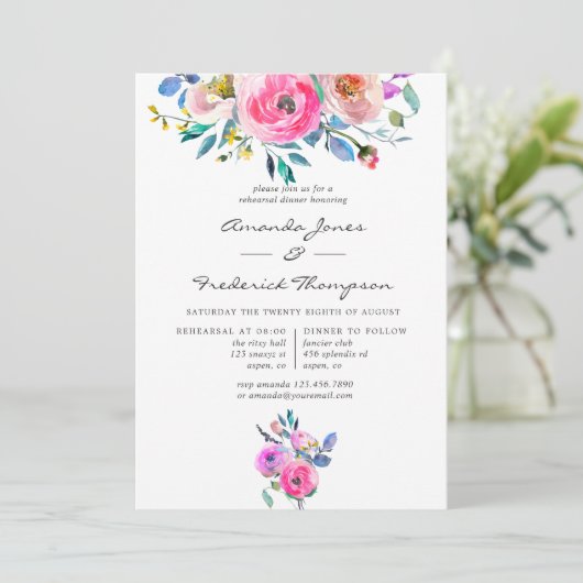 Hochzeitsessen in Rosa, florale Hochzeit und Probe Einladung (Stehend Vorderseite)